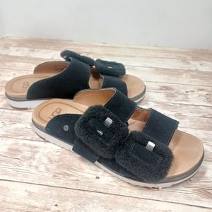 UGG Suede 2 Strap Slide On Sandals Fuzzy Buckle Women's Size 7 Black